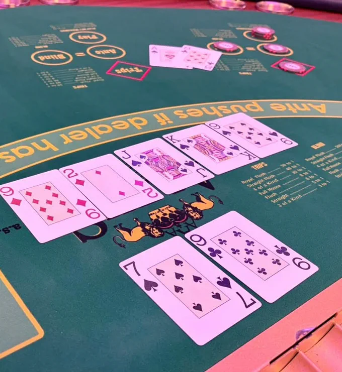 An Ultimate Texas Hold'em table, the ante, blind and play circles marked on the felt